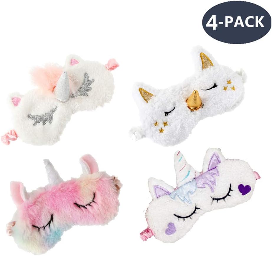 Four Pragovle Unicorn Sleeping Masks in a pack, showcasing different designs.
