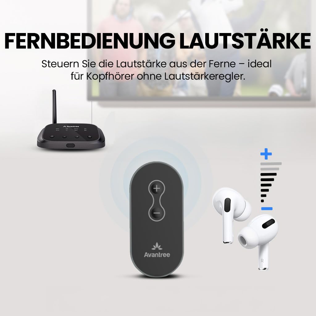 Avantree Oasis Plus 2 – Bluetooth‑Sender für Fernseher mit Fernbedienung zur Lautstärkeregelung, unterstützt Zwei Kopfhörer, aptX‑Adaptive, Soundbar‑Passthrough, für optische oder AUX‑TVs