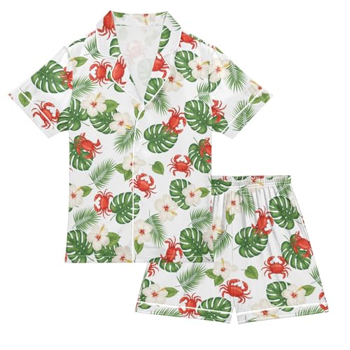 Satin Pajama Sets Short Sleeve Tropical Crab Flowers Pattern Button Down Silky Nightwear 2 Piece PJS 5-14Y