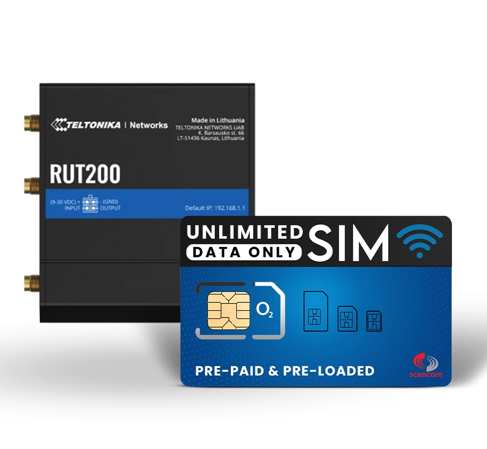Teltonika RUT200 4G LTE Mobile Router - WiFi 4 4G LTE Cat 4 Router w/ 1 x Embedded SIM Slot & 3 x External Antennas - Upgrade with an additional Data Sim (RUT200 + 12 Month O2 Unlimited)