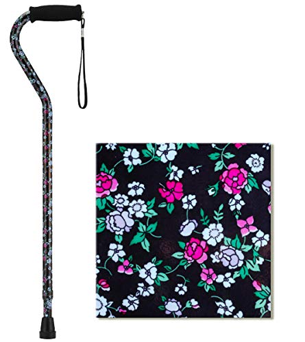 NOVA Designer Walking Cane with Offset Handle, Lightweight Adjustable Walking Stick with Carrying Strap, Black with Pink and Blue Flowers Design - Thumbnail 2