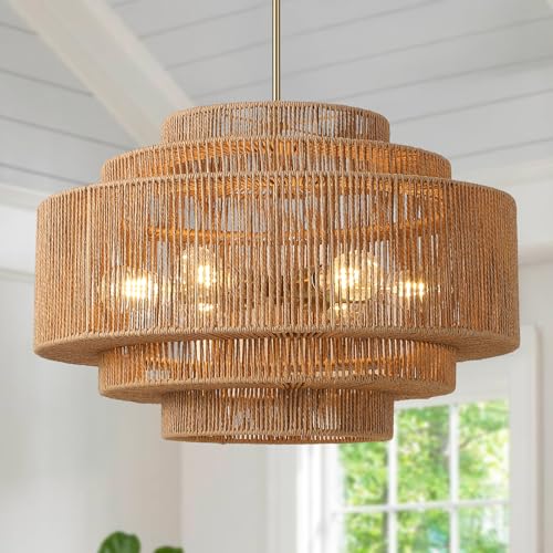 Large Boho Rattan Chandelier with 6 Lights