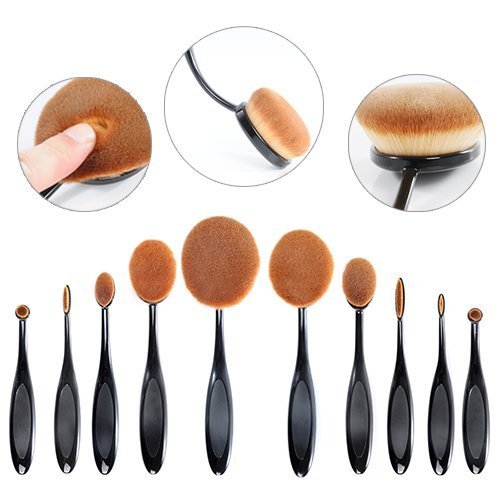 Sunyear Super Soft Professional 10pcs Oval Makeup Foundation Brushes, Contour Cream Powder Blush Eyebrow Toothbrush Cosmetics Tool Set