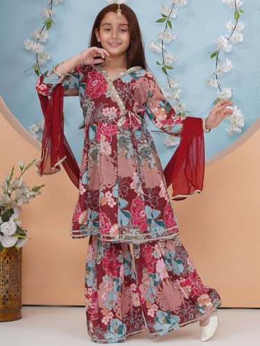 Image of Preneum Girls's Cotton Rayon Printed Angrakha Kurta with Sharara & Dupatta