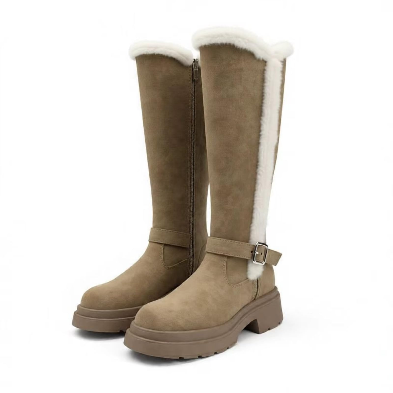 ZQW Women's Suede Knee High Boots with Plush Lining, Chunky Block Heel, Round Toe, Side Zipper, Warm & Cozy Winter Booties for Daily Wear, Travel,