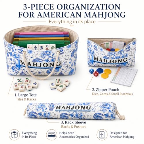Set de 3 Bolsas para Mahjong Americano, Azul Floral miniatura 3