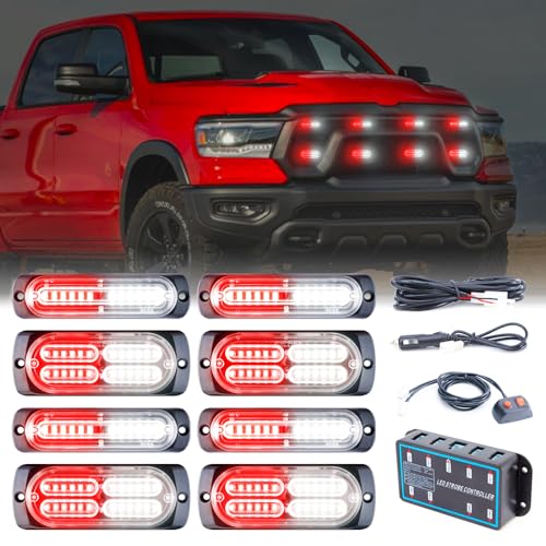 PKINGLAKE 8pcs Sync Feature Emergency Strobe Grille Lights LED Ultra Slim Surface Mount Flashing Hazard Warning Light Bar with Controller for Firefighter/Construction/Trucks/Vehicles/Car (Ren/White)