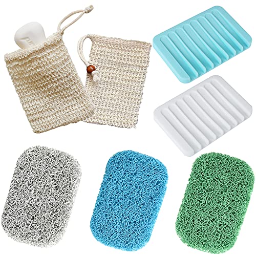2 Pack Silicone Soap Saver Pads with 3 Pcs Soap Saver + 2 Pcs Soap Bag, Silicone Soap Dish, Natural Sisal Exfoliating Soap Pouch, Bar Soap Holder for Shower