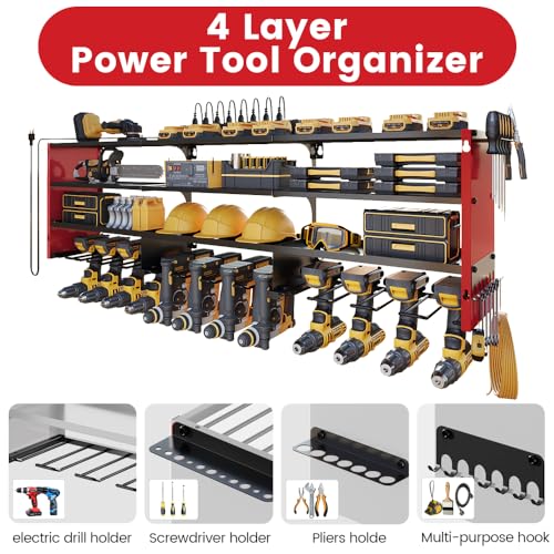 Image of 53 inch Power Tool Organizer Wall Mount with Power Strip, Heavy Duty Metal Tool Shelf, 400lbs Capacity for Cordless Drills, Batteries & Garage Storage (12 Slots with 8 Outlets Power Strip)