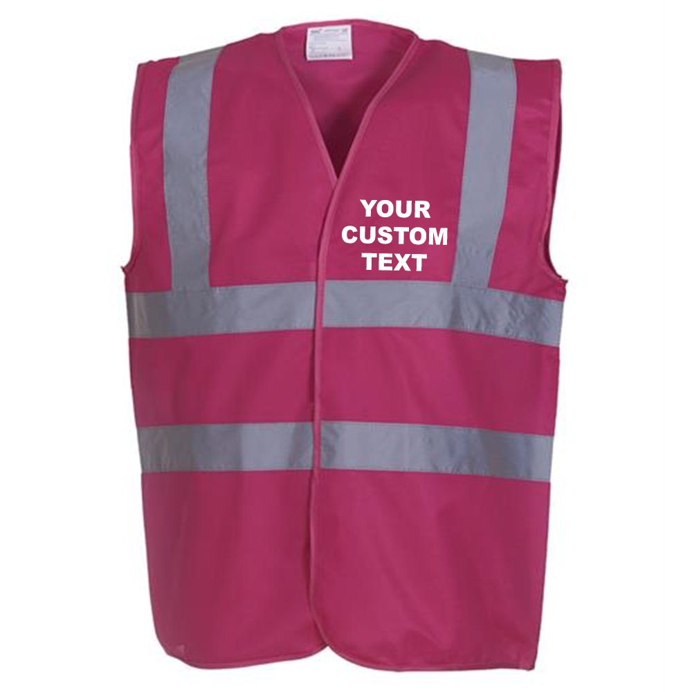 (L) YK001 Personalised Hi-vis 2-band-and-braces waistcoat, CUSTOM TEXT Hi vis vests Raspberry FRONT print Large