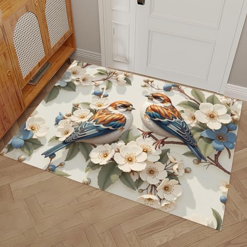 Tapis entrée attrape-poussière paillasson lavable oiseaux blanc