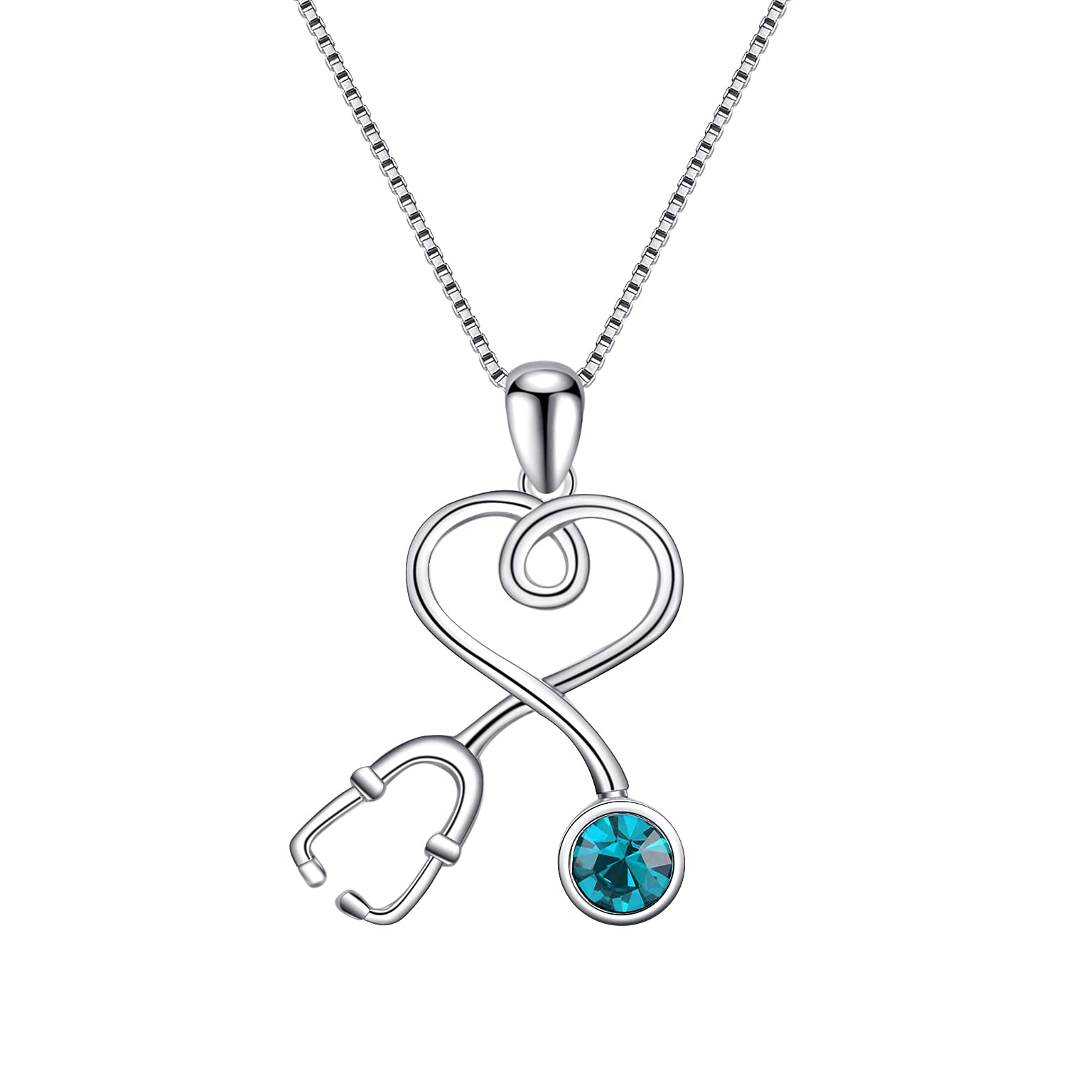 AOBOCO Stethoscope Necklace 925 Sterling Silver Embellished with 12 Months Birthstone Crystals from Austria, Graduation Gifts Medical Jewelry for