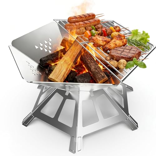 Portable Fire Pit for Garden BBQ Camping Essentials Equipment Collapsible 304 Stainless Steel Bbq Camping Stove Grill Firepits for Outdoors Picnic Terrace Camping Campfire Bonfire BBQ Barbecue PatioXL