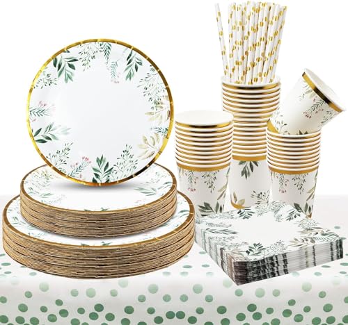 121 Pièces Assiettes et Serviettes Vert Sauge pour Fête, Ensemble de Vaisselle Jetable, Assiettes Eucalyptus, Gobelets, Serviettes, Pailles, Nappe pour Mariage Bridal Shower Baby Shower Anniversaire