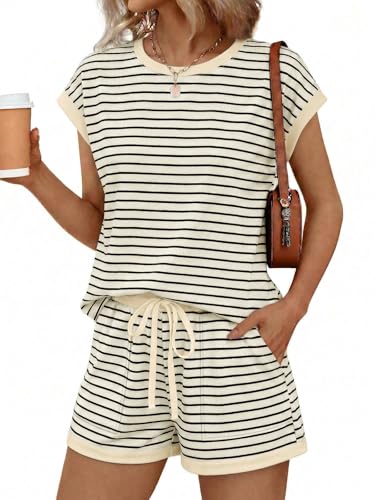 Image of AUTOMET Womens Crew Neck Two Piece Short Sets Cap Sleeve Drawstring Summer Sweatsuit with Pocket