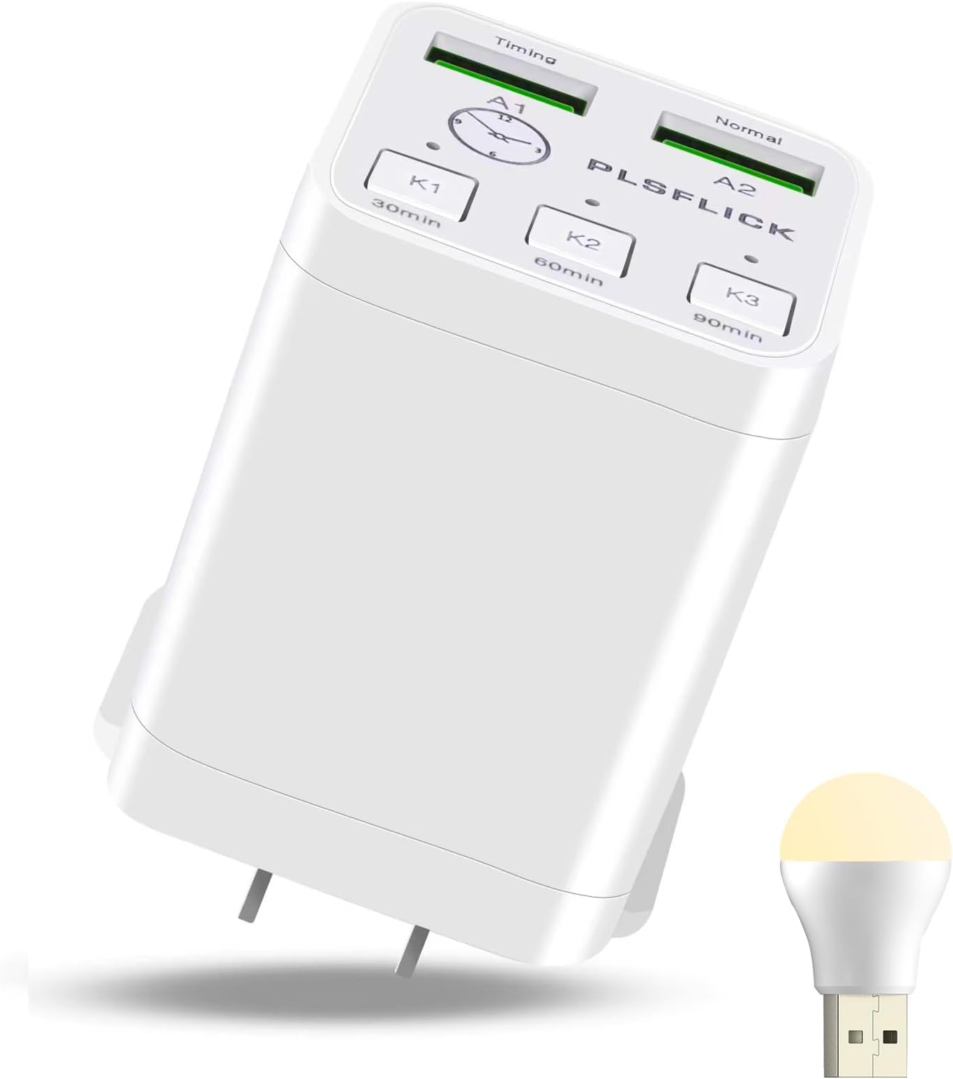 Timer USB Wall Charger Block,PLSFLICK 2.1A/5V Dual Port Charger Cube Plug Adapter for iPhone 14 Pro Max, iPad, Samsung Galaxy,5/10/15/30/60/90 Minutes and 2/4/6 Hours Auto-Off Timer (Warm)