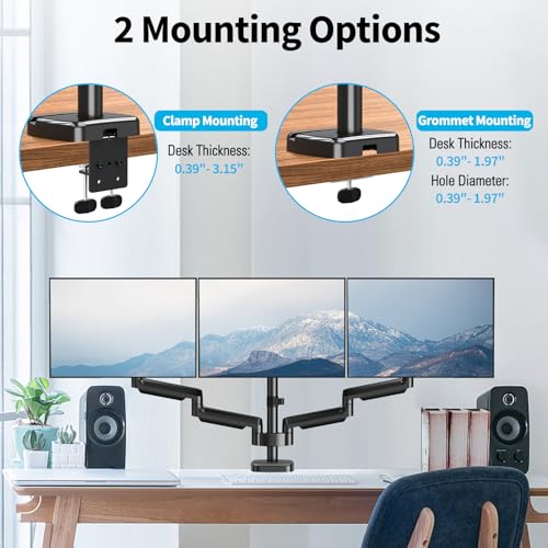 MOUNTUP Triple Monitor Mount for 17-32 inch Screens, Full Motion Triple Monitor Stand, 3 Monitors Desk Mount Holds 4.4-19.8 lbs Each, Clamp & Grommet Mounting, Black by MOUNTUP - Used condition - Image 5