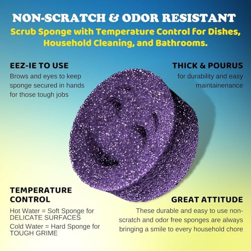 Image of The Original Scrub Moji Scrubbing Sponge by Smilyeez (Set of 6) - Purple - Temperature-Responsive Polymer Foam, Stain and Odor Resistant, Ideal for Kitchen and Bathroom Cleaning