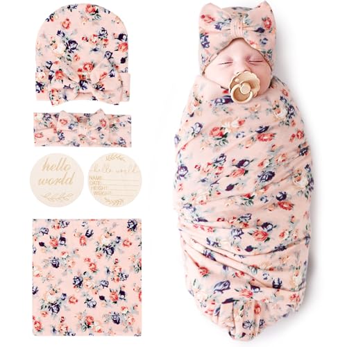 Image of DRESHOW BQUBO Baby Girl Newborn Receiving Blanket with Bow Hat Headband Wooden Birth Announcement Card Set Baby Floral Print Nursery Swaddle Wrap