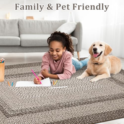 GAOMON Braided Collection Area Rug 5x7 Modern Rug Washable Rugs Navy Vintage Country Cottage Floor Carpet Low Pile Non Slip Indoor Throw Carpet for Living Room Bedroom Non-Shedding Aesthetic Tan