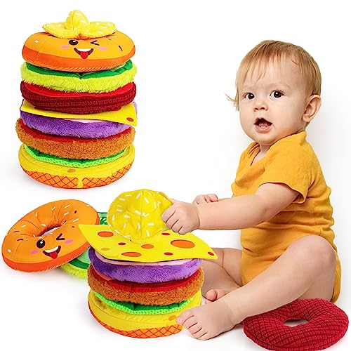 Image of beetoy Sensory Hamburger Stacking Toys, Texeture Fabric Play Fake Food Toy for Toddlers Fine Motor Skill Toys, Educational Montessori Toys for 0-3 Years Old