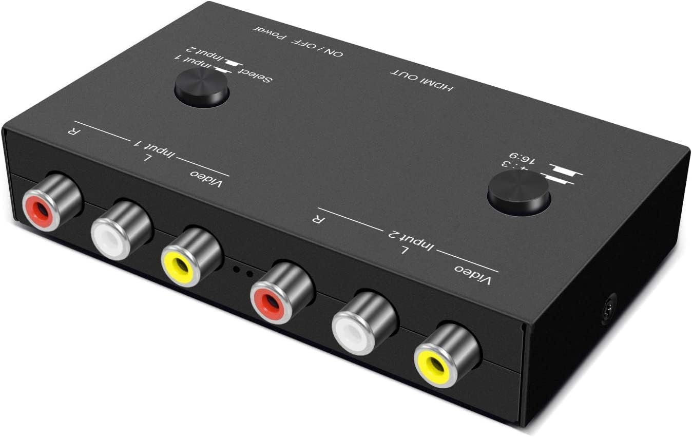 2 AV to HDMI, 1080P/720P 2 Way RCA Composite CVBS AV Switch to HDMI Video Audio Converter Adapter Support 4:3/16:9 Switching, for Sega Xbox PS2 PS3 N64 NGC SNES WII VHS VCR Camera DVD