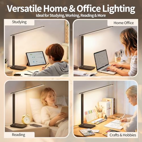 UPXNBOR Lámpara de mesa LED de cuidado ocular, escritorio y mesilla, regulable, puerto USB, 5 modos, 5 niveles de brillo, dormitorio/oficina