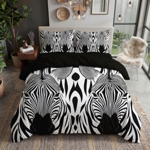 DACRWEKZ Housse de Couette 140x200cm, 2 Pièces - Ensemble de Linge de Lit en Microfibre à Lignes géométriques Tête de zèbre, 1 Housse de Couette + 1 Taies d'oreiller 65x65 cm