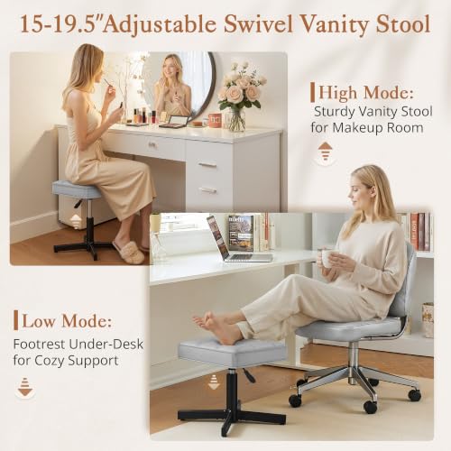 Image of LUE BONA Adjustable Vanity Stool, 15''-19.5'' Foot Rest Under Desk, 360 Swivel Vanity Chair for Makeup Room, Silver Upholstered Faux Leather Ottoman for Bathroom & Living Room, 300lbs
