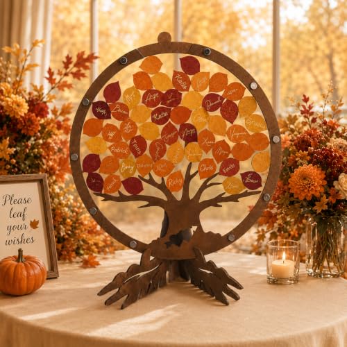 Image of PAMBO Wedding Guest Book Alternative with 55 Fall Leaves - Rustic Wooden Tree of Life Guestbook Frame, 12 inch Handcrafted Autumn Wedding Sign in Decoration & Keepsake for Reception