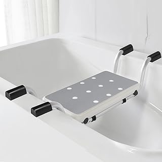 Badewannensitz Senioren mit Grauer Eva-Polsterung, Duschsitz für Badewanne mit Antirutsch-Oberfläche, Breite in 2 Stufen einstellbar (71/81 cm), Aluminium-Rahmen, Belastbar bis 120 kg