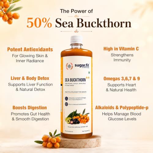 Image of Sugar.fit Himalayan Sea Buckthorn Juice 1000ml | Cold Pressed Seabuckthorn Berry Pulp with 14 Herbs - Amla, Karela, Jamun | Natural Vitamin C, Omega 3 6 7 9 | Immunity, Skin Glow & Gut Health