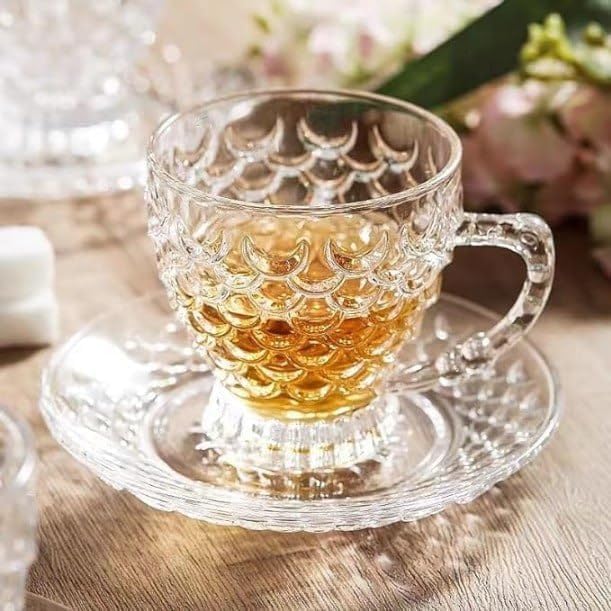 Image of Premium Classic Glass Tea Cup and Saucer - 180 ML, for Coffee, Green Tea, Herbal Tea, Lemon Tea More (6 Cup and 6 Saucer Set)