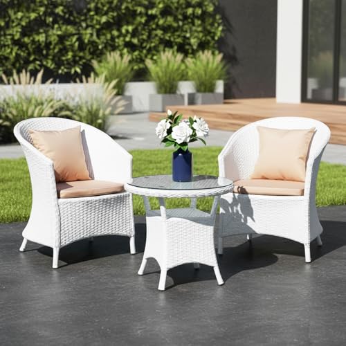 Image of DEVOKO 3 Piece White Rattan Outdoor Patio Bistro Set with Cream Cushion & Glass Top Table Ideal for Balcony, Garden, Deck, Lawn, Poolside