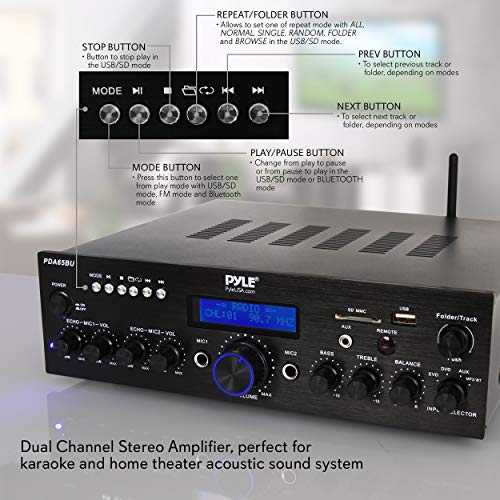 Pyle 200W Wireless Bluetooth Power Amplifier - Dual Channel Stereo Receiver with USB Flash Reader - SD Card - AUX - MIC IN w/ Echo - Radio - Home Theater - Studio Use - RCA Output - PDA65BU - Image 5