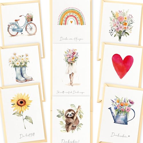 Dankeskarten im Set 10x Postkarten inkl. Umschlag & Sticker - Grußkarten Hochzeit Dankeschön Karte Danke Karten Dankeschön Geschenke Jubiläum Abschied Geschenk für Freundin Kollegen Aquarell