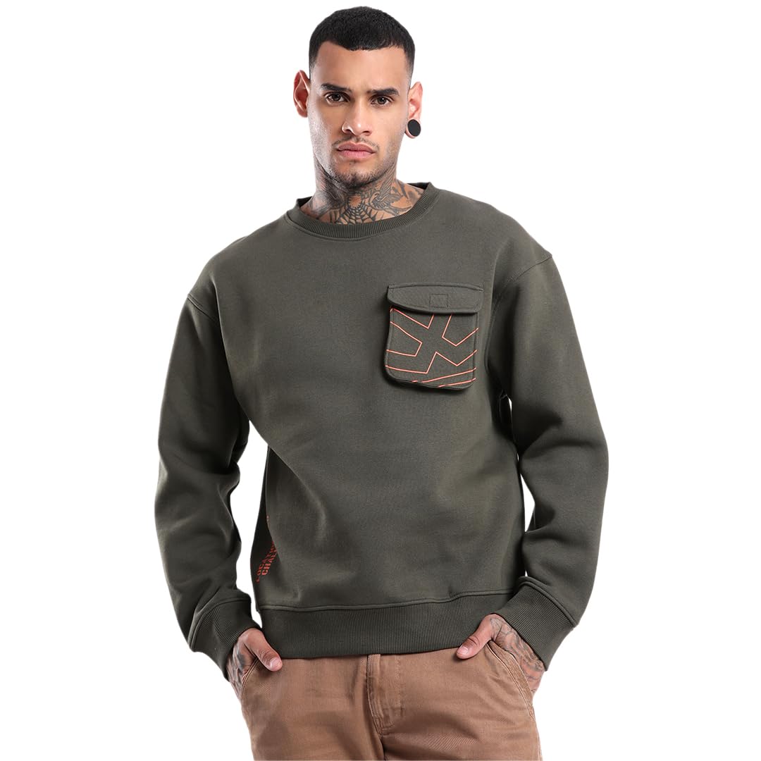 wrogn Men's Cotton Blend Fleece Sweatshirt | Cargo Pocket Detail with Contrast Logo Print | Oversized Fit-picture-12