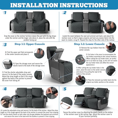 Image of TAOCOCO 100% Waterproof Recliner Loveseat Cover with Console, Reversible Reclining Couch Cover for 2 Seats with Leg Straps, Washable Split Sofa Cover Protector for Pets Kids (Dark Gray)