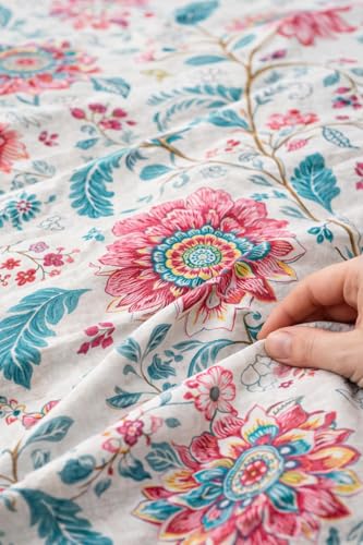 Image of Single Elastic Fitted Sheet (48x72) - Fits up to 8 Inch Mattress, No-Tuck Glace Cotton Fabric, 1 Single Bed Sheet + 1 Pillow Cover Pink Floral