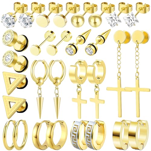 Image of 15 Pairs Earrings for Men, Black Stainless Steel Earrings Stud Kit for Men Women Fashion Piercing Jewelry Cross Dangle Hoop Earrings Set