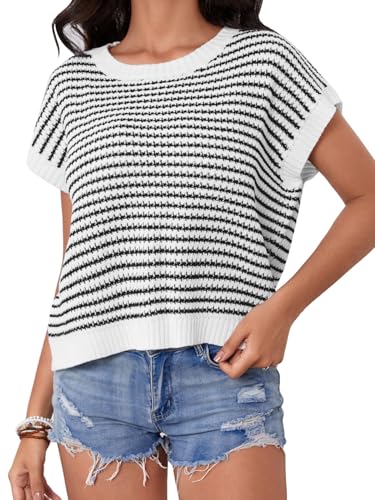 Image of Milumia Women's Striped Short Sleeve Sweater Vest 2025 Summer Cap Sleeve Pullover Tank Top