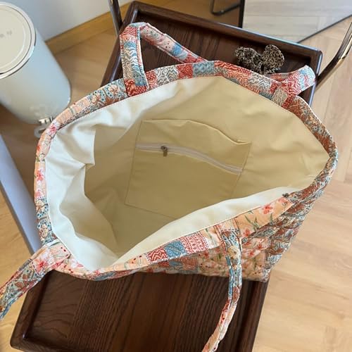 Image of Floral Quilted Cotton Shoulder Bag for Women Medium Size Handbag Large Capacity Thickened Design Tote