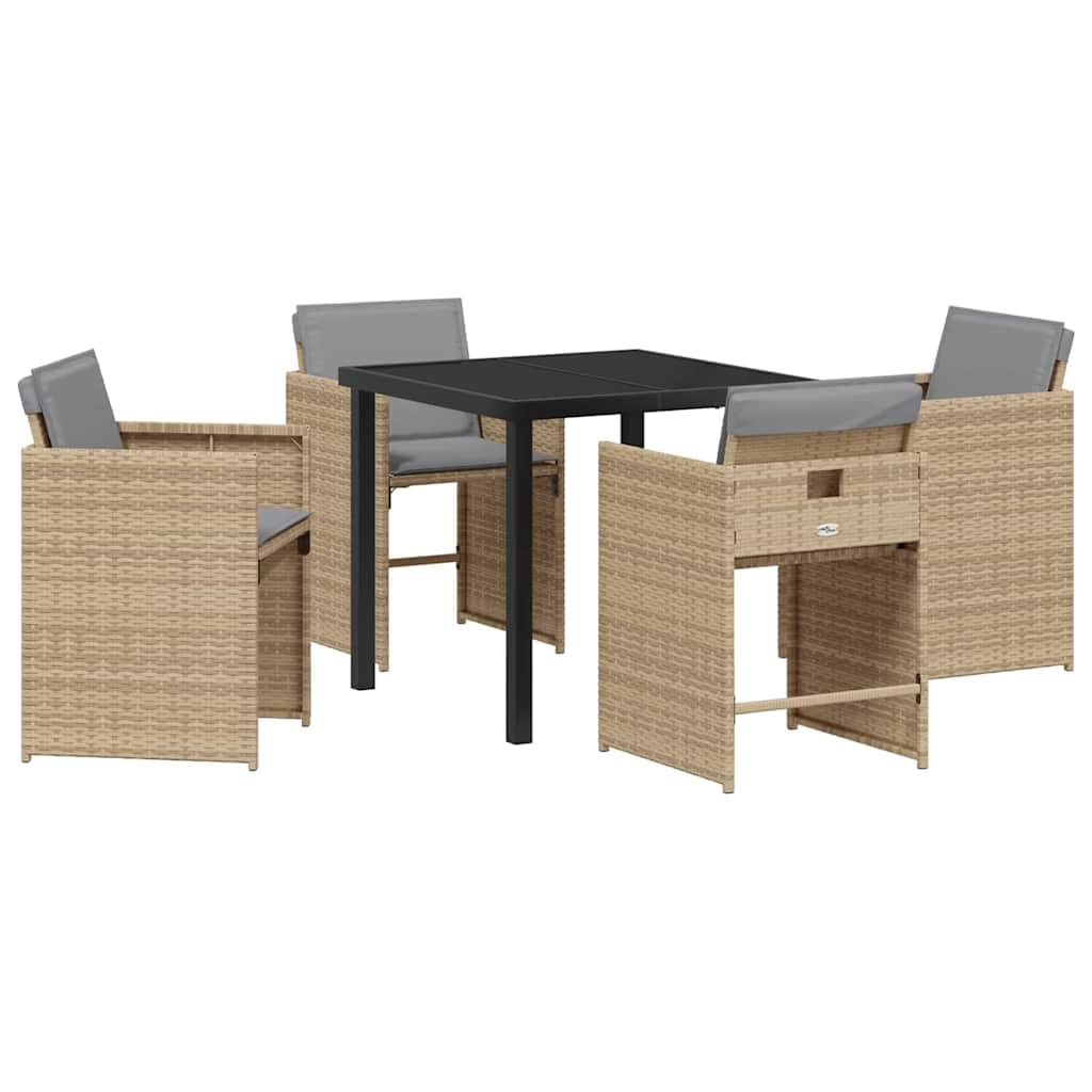 Salon de jardin 5 pièces polyrotin beige moderne avec table en verre et acier
