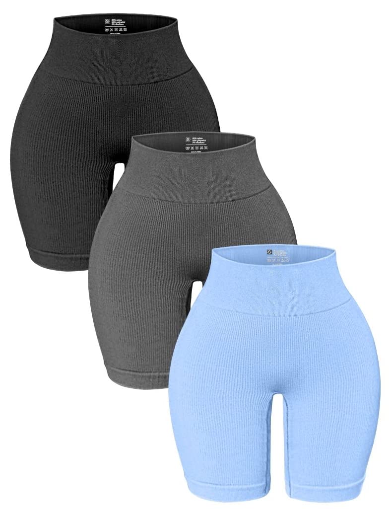 OQQ 3 Pack High Waisted Yoga Shorts for Women Ribbed Seamless Tummy Control Workout Athletic Shorts Black Grey Candyblue
