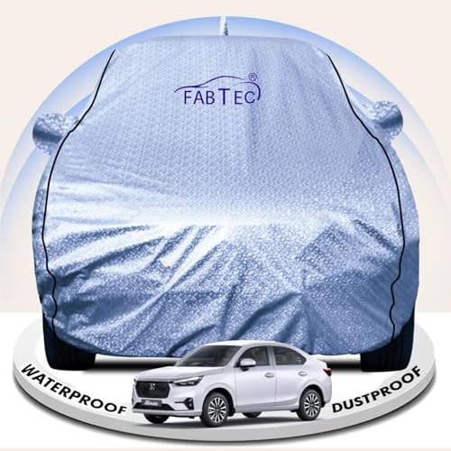 Image of FABTEC Metallic Silver Waterproof Car Body Cover for Honda Amaze Sun, UV and Dust Protection with Mirror and Antenna Pocket (Reflective Silver with Black Piping)