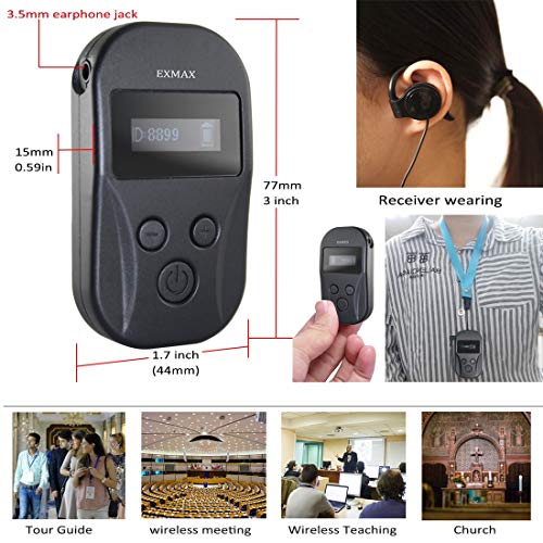 Sistema inalámbrico de micrófono EXMAX EXD-101 de 2,4 GHz para visitas a fábricas, capacitación de empleados, formación educativa, entretenimiento o artes escénicas: 2 transmisores, 40 receptores y estuche de almacenamiento negro miniatura 5