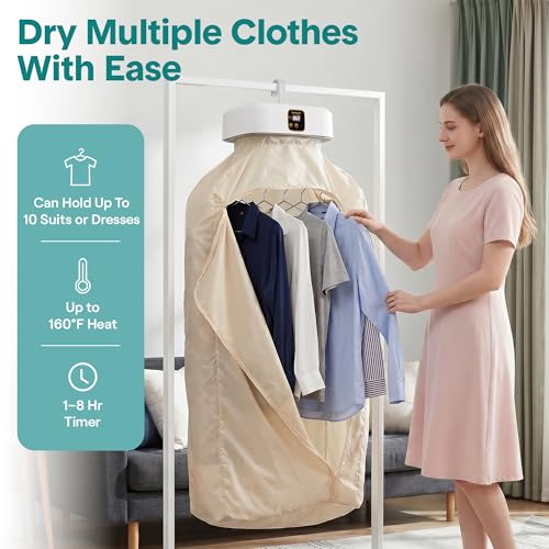Image of SereneLife Portable Clothes Dryer | Drying Bag for Clothes, Suits & Dresses | Adjustable Temperature & Remote Control 1-8 Hour Timer | Compact Dryer for Home, Apartment, Dorm & Travel | White