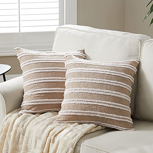 Fancy Homi 2 Packs Boho Beige Decorative Throw Pillow Covers 18x18 Inch with Striped Jacquard Pattern, Soft Cotton Linen Farmhouse Accent Square Cushion Case for Living Room Couch Bed Sofa