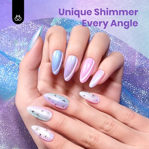 Image of Beetles Cat Eye Gel Nail Polish Set - Prismatic Mirage 6 Colors Summer Cat Eye Shimmer Glitter Gel Polish Kit Mermaid Pink Blue Purple Green 9D Holographic Soak Off UV Nail Art Gift for Women