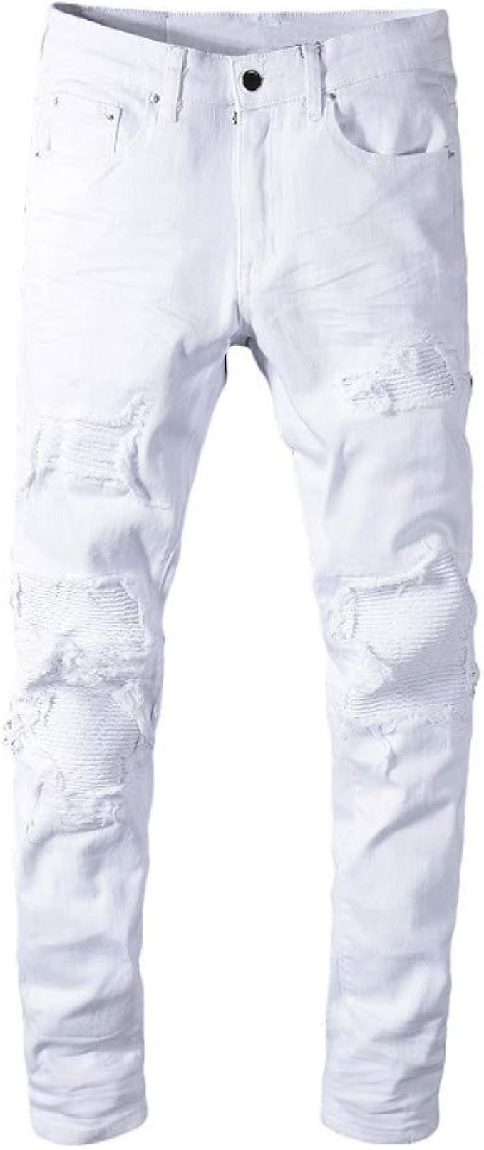 QNONAQ Jeans da Motociclista Strappati Elasticizzati Bianchi da Uomo